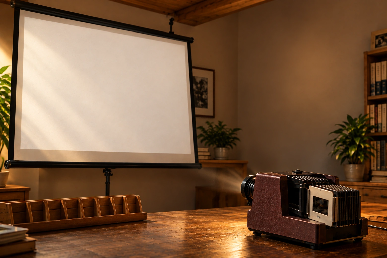 Een vintage diaprojector op een houten tafel, een leeg projectiescherm links en een houten diahouder.